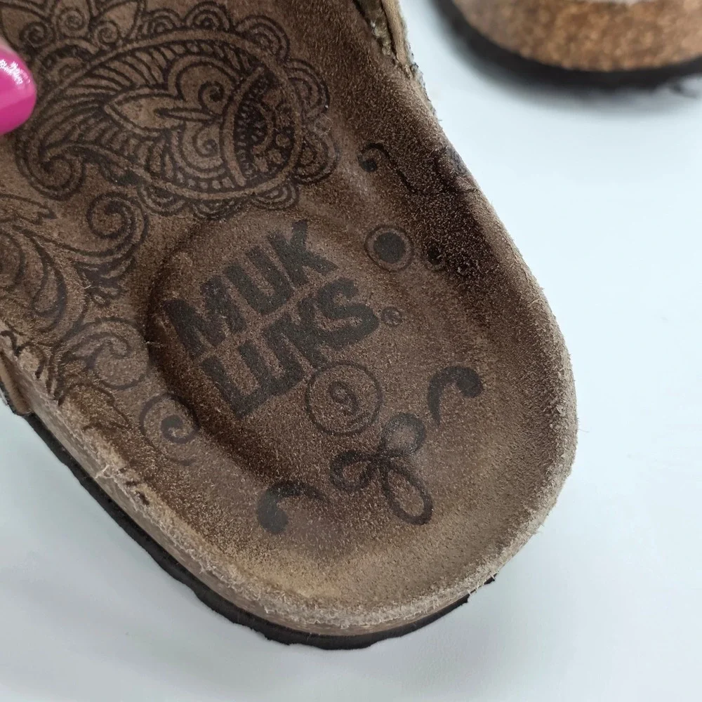 Muk Luks Slide Sandals Silver Multicolor Braided Metallic Cork Slip on Boho sz 9